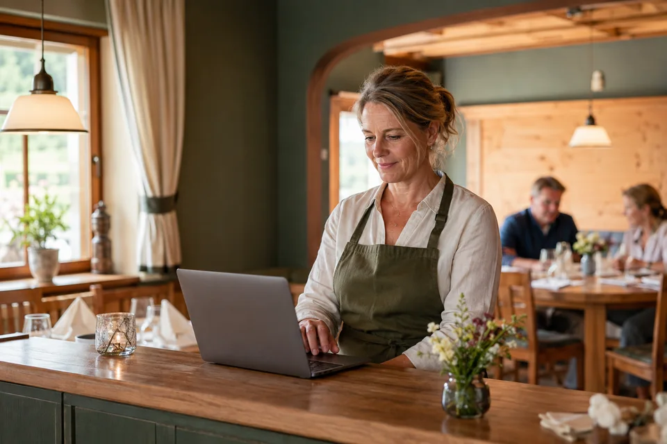 Illustrative scene: a restaurant owner managing her business on a laptop in her restaurant