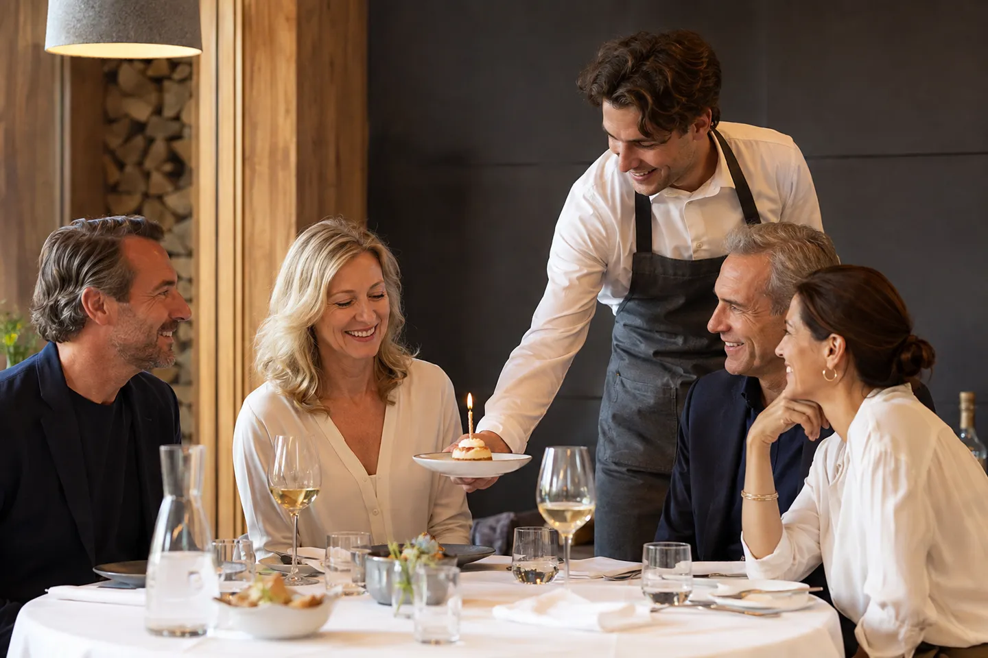 Illustrative Szene: Freunde feiern einen Geburtstag beim Essen im Restaurant