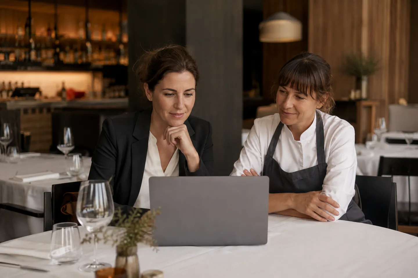 Illustrative Szene: Eine Gastronomin und ihr Kollege besprechen Gästefeedback am Laptop