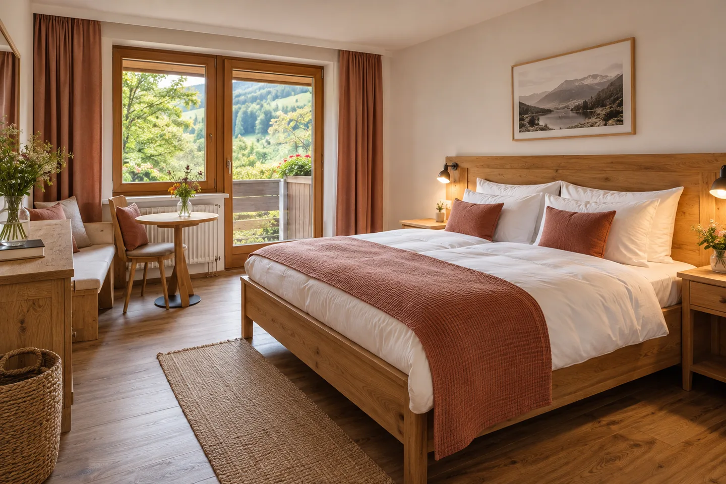 Illustrative Szene: ein helles Gästezimmer mit Doppelbett und warmen Holzmöbeln