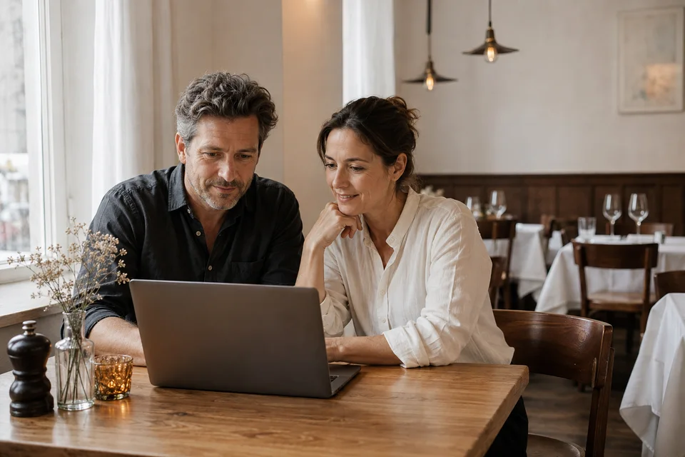 Illustrative Szene: Zwei Gastgeber bereiten ihren Webauftritt im eigenen Bistro vor