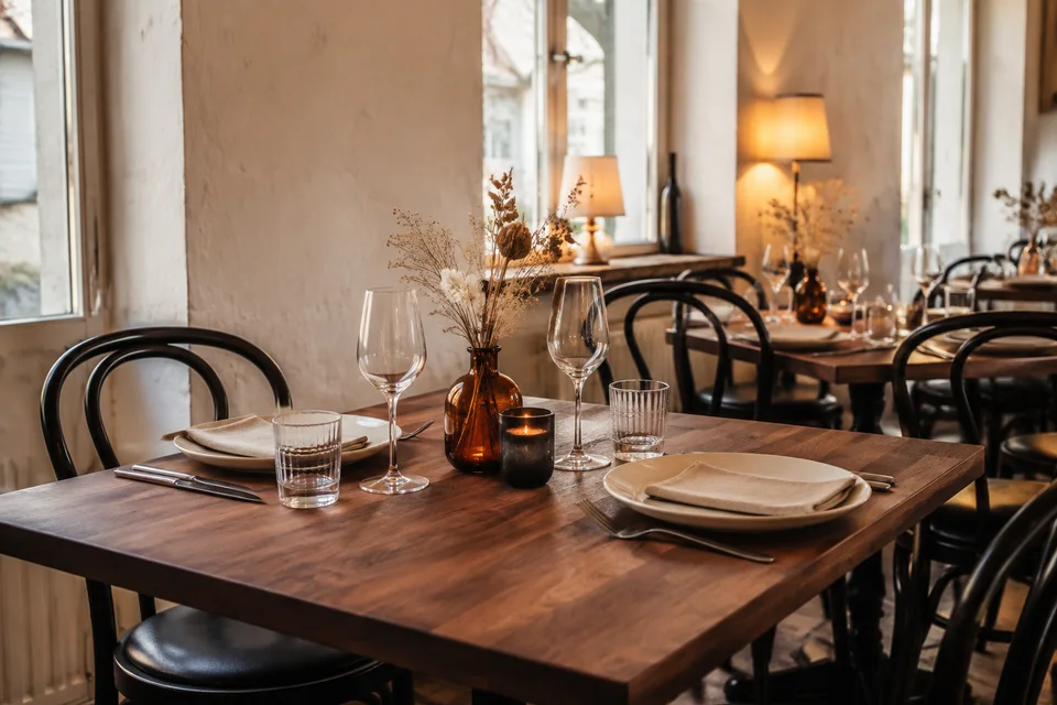 Illustrative Szene: Einladend gedeckter Tisch in einem kleinen Restaurant