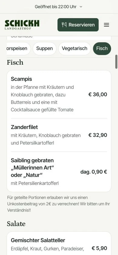 Gerichte und Preise auf der mobilen Speisekarte